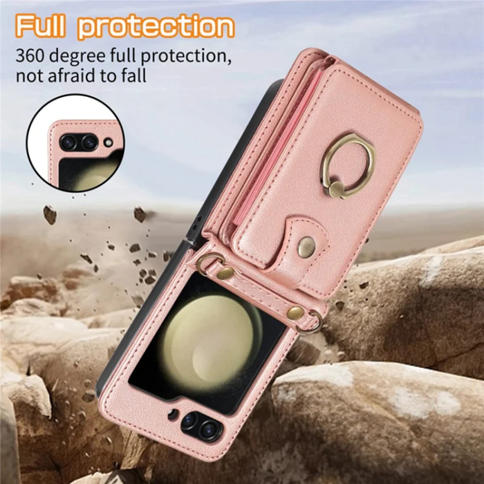 A-One Brand - Galaxy Z Flip7 Plånboksfodral Ring Kickstand med Lång rem - Rosa Guld