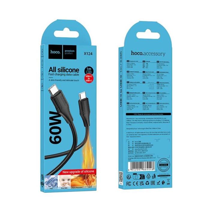 Hoco - HOCO USB-C till USB-C 60W Kabel 1m 3A Silikon X124 - Svart