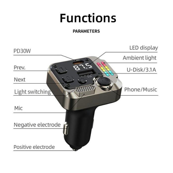 OEM - C68 Bluetooth FM-sändare biladapter PD 30W dubbla portar svart