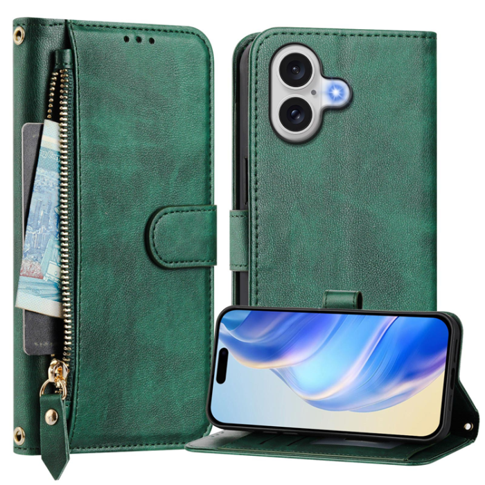 A-One Brand - iPhone 17 Plånboksfodral Zipper Pocket Läder - Grön