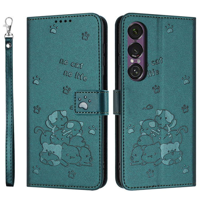 A-One Brand - Sony Xperia 1 VII Plånboksfodral Cats Imprint - Mörkgrön