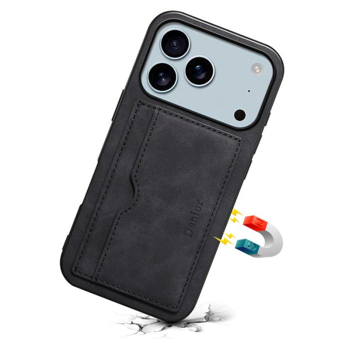 DENIOR - DENIOR iPhone 17 Pro Fodral Kortfack Ställ i Konstläder - Svart