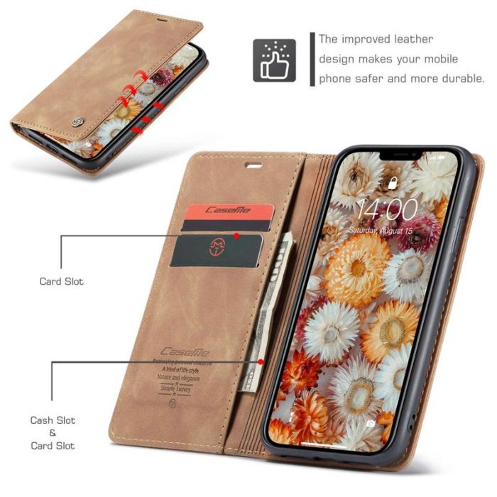 Caseme - CASEME 013 Flip Konstläderplånboksfodral till iPhone 11 - Brun