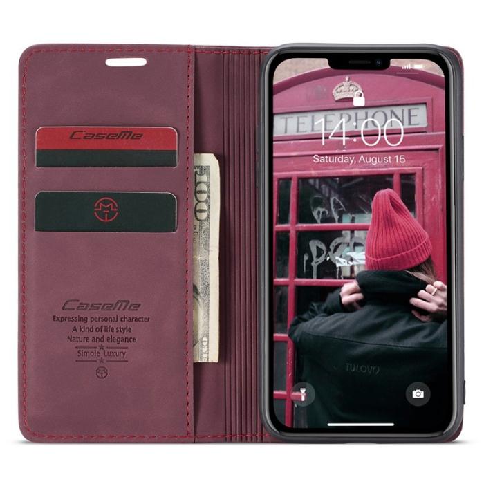 Caseme - CASEME 013 Flip Konstläderplånboksfodral till iPhone 11 - Vinröd