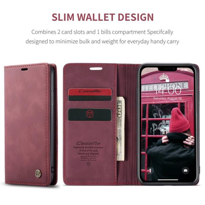 Caseme - CASEME 013 Flip Konstläderplånboksfodral till iPhone 11 - Vinröd
