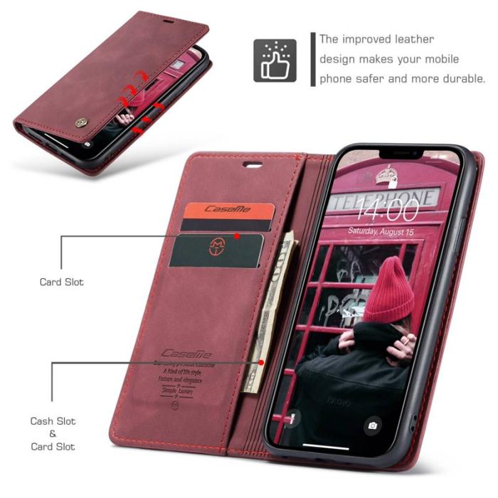 Caseme - CASEME 013 Flip Konstläderplånboksfodral till iPhone 11 - Vinröd