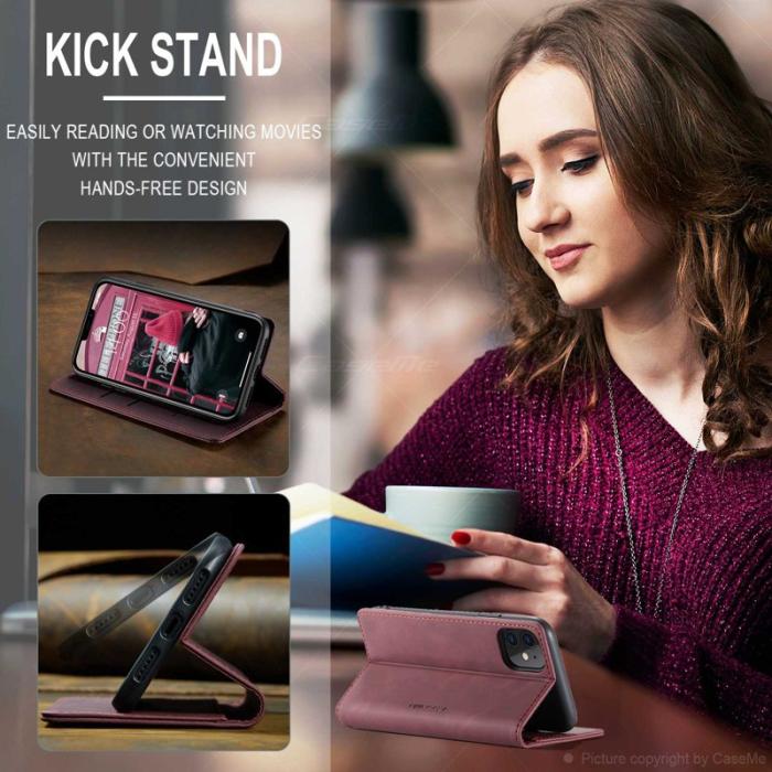 Caseme - CASEME 013 Flip Konstläderplånboksfodral till iPhone 11 - Vinröd