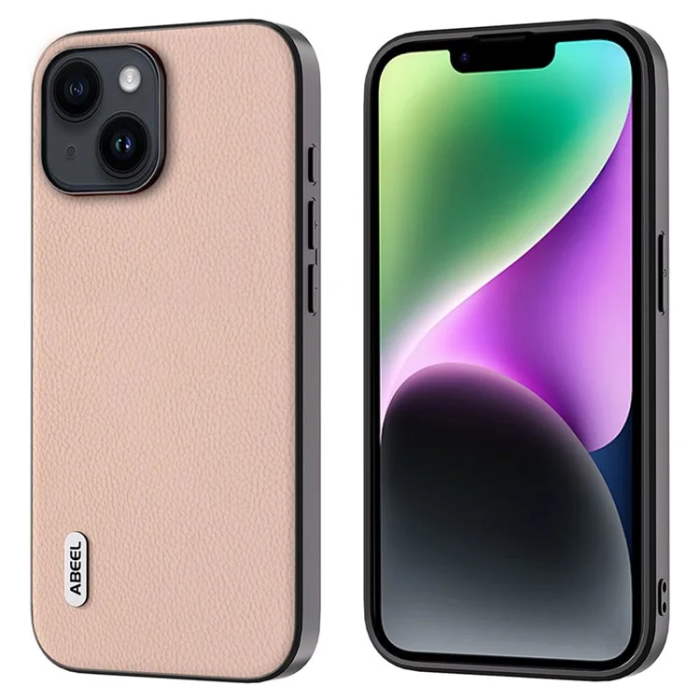 ABEEL - ABEEL iPhone 14 Plus Mobilskal Äkta Läder Litchi - Rosa