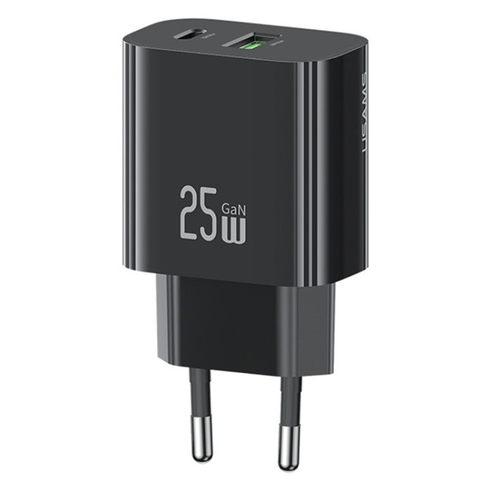 USAMS - USAMS GaN Snabbladdare USB-C - USB-A 25W CC315 T65 EU - Svart