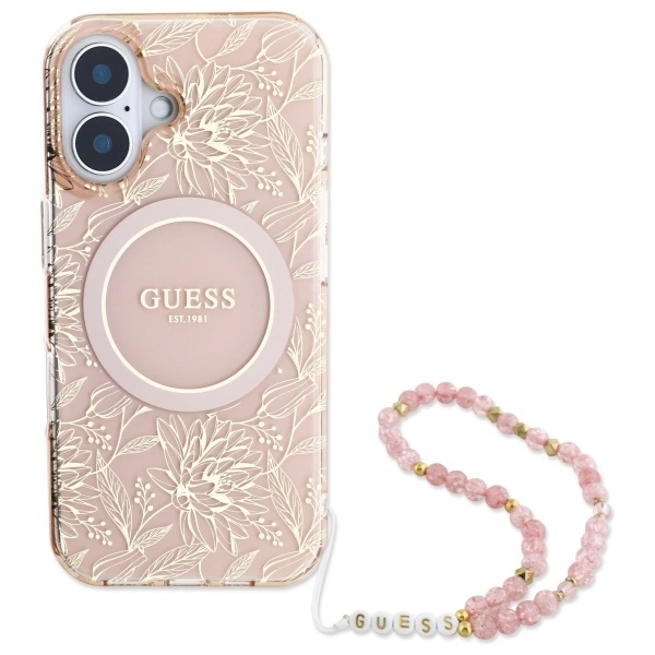 Guess iPhone 16 Plus Mobilskal MagSafe IML Flowers Med Strap - Rosa | 2353 | AlltMobil