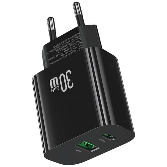 USAMS - USAMS Snabbladdare 30W 1xUSB-C 1xUSB-A CC316 - Svart