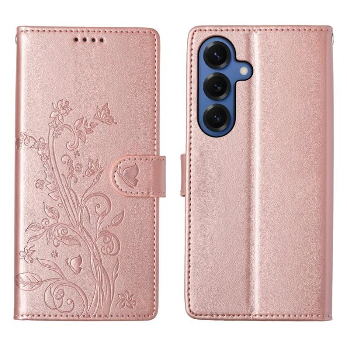 OEM - Samsung Galaxy S26 Plånboksfodral Konstläder Blomtryck - Roséguld