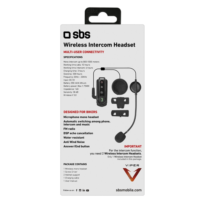 SBS - SBS Trådlöst Intercom Headset för Motorcyklister - Svart