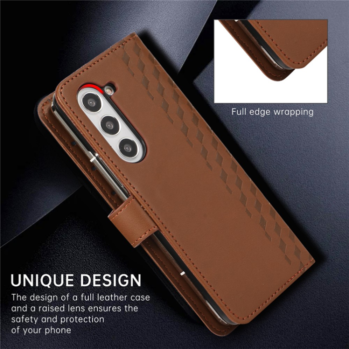 A-One Brand - Galaxy Z Fold7 Plånboksfodral 3D Rhombus Grid Imprinted - Brun