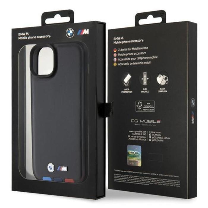 BMW - BMW iPhone 15 Plus Mobilskal Läder Stamp Tricolor - Svart