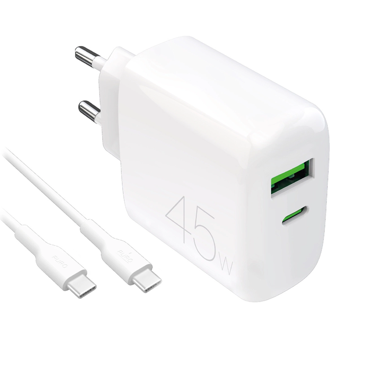Puro Snabbladdare 45W USB-A/USB-C med USB-C Kabel PD - Vit | 505295 | AlltMobil