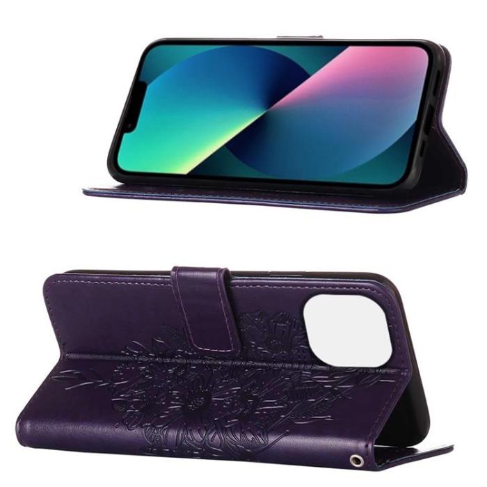 OEM - iPhone 14 Plus Plånboksfodral Butterfly Flower Imprinted - Lila