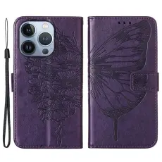 OEM - iPhone 14 Pro Plånboksfodral Butterfly Flower Imprinted - Lila