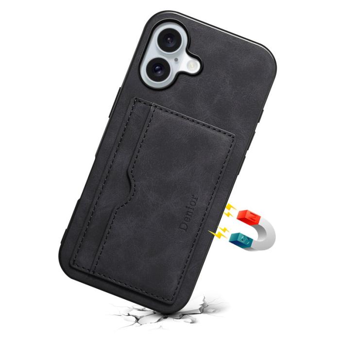 DENIOR - DENIOR iPhone 17 Fodral Kortfack Ställ i Konstläder - Svart
