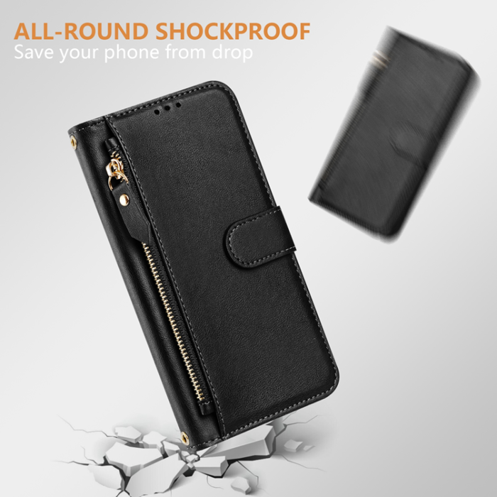 A-One Brand - iPhone 17 Pro Plånboksfodral Zipper Pocket Läder - Svart