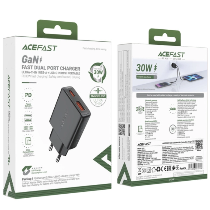 Acefast - Acefast Väggladdare USB-C/USB-A 30W GaN - Svart