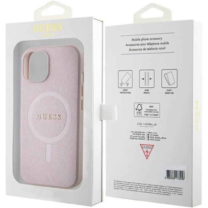 Guess - Guess iPhone 15 Plus Mobilskal Magsafe Saffiano - Rosa