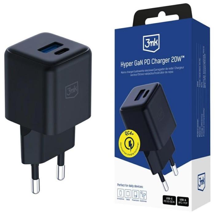 3MK - 3MK Snabbladdare 20W 1xUSB-A 1XUSB-C PD QC4 Hyper GaN - Svart