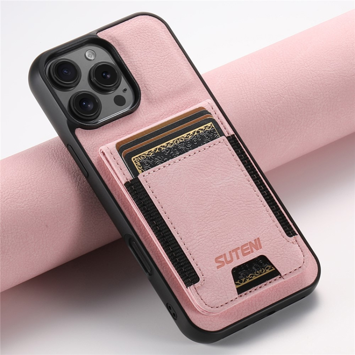SUTENI - SUTENI iPhone 16 Pro Mobilskal Korthållare Litchi Läder - Rosa