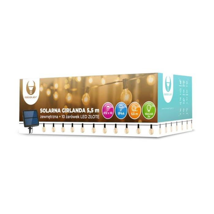Forever Light - Forever Light SUNARI LED Solar Ljusgirlang 5.5m +10 Glödlampor G40 IP44 - Guld