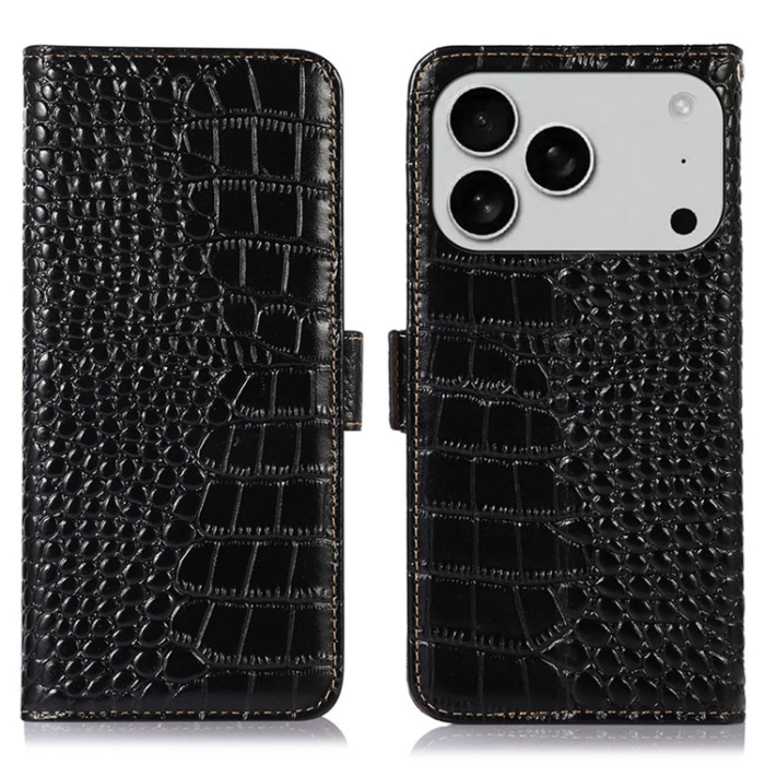 A-One Brand - iPhone 17 Pro Plånboksfodral Äkta Läder Crocodile - Svart