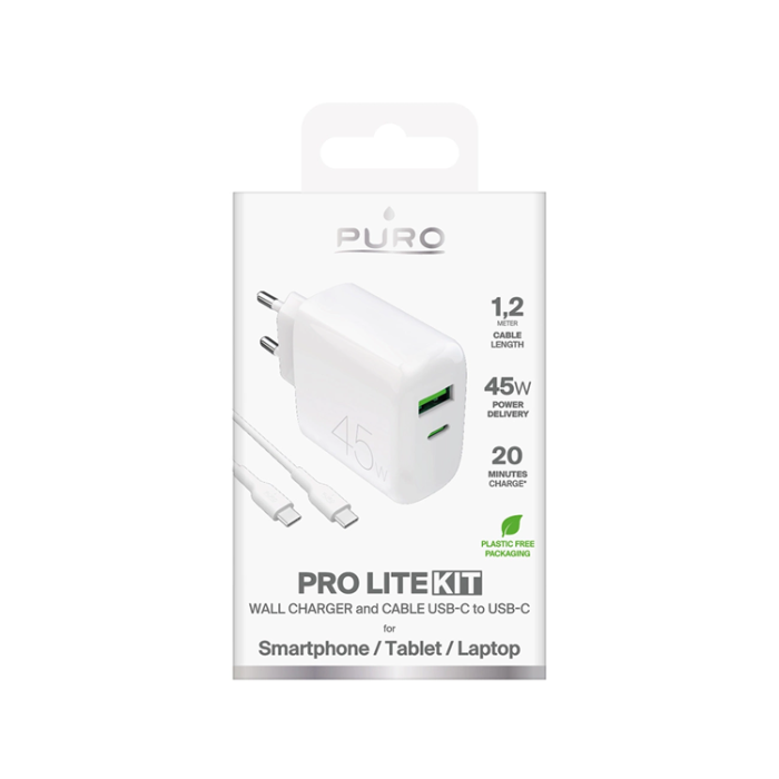 Puro - Puro Snabbladdare 45W USB-A/USB-C med USB-C Kabel PD - Vit