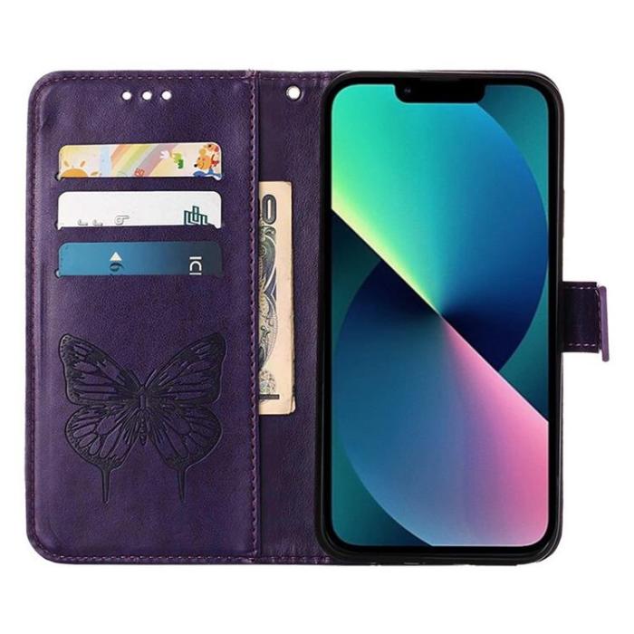 OEM - iPhone 14 Plus Plånboksfodral Butterfly Flower Imprinted - Lila