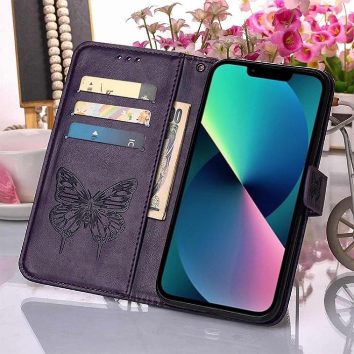 OEM - iPhone 14 Plus Plånboksfodral Butterfly Flower Imprinted - Lila