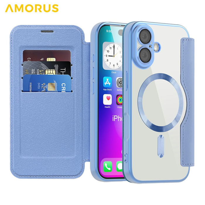 Amorus - AMORUS iPhone 17 Plånboksfodral MagSafe RFID Blocking - Blå