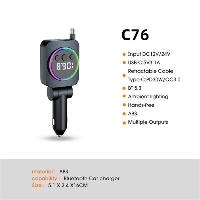 OEM - C76 PD 30W Billaddare med Utdragbar Kabel och Bluetooth FM Sändare