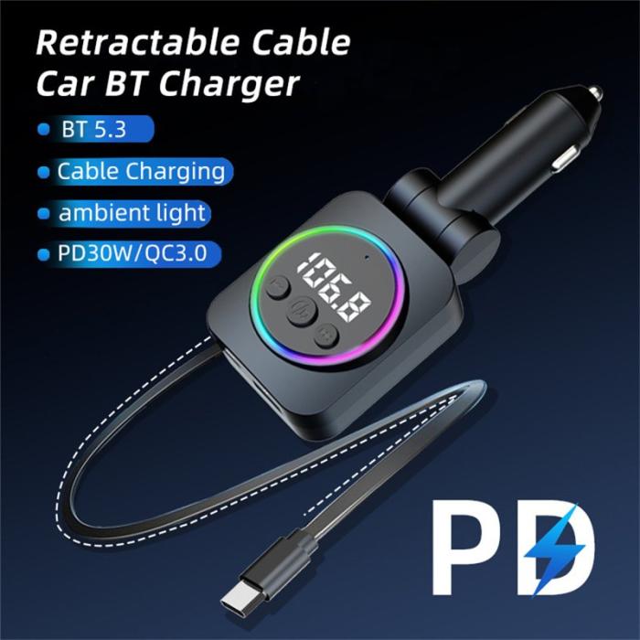 OEM - C76 PD 30W Billaddare med Utdragbar Kabel och Bluetooth FM Sändare