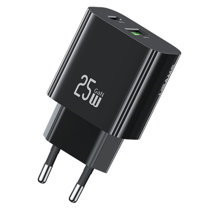 USAMS - USAMS GaN Snabbladdare USB-C - USB-A 25W CC315 T65 EU - Svart