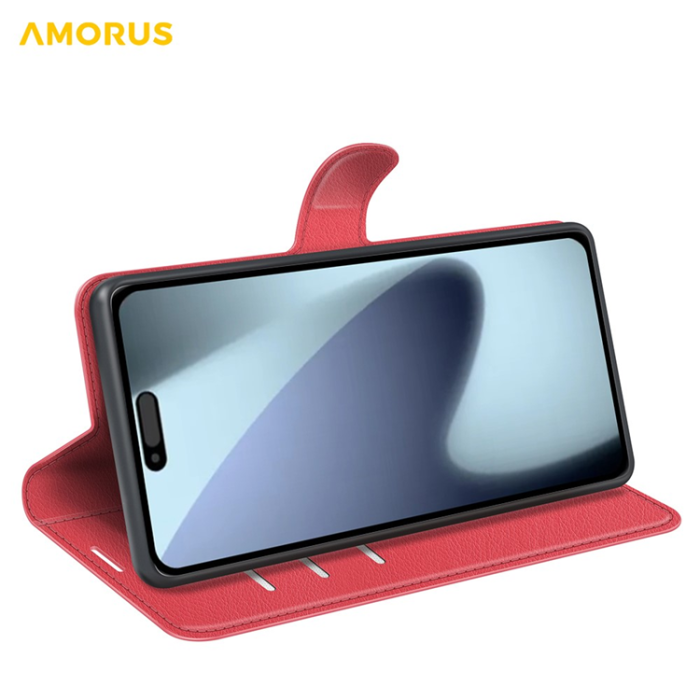 Amorus - AMORUS iPhone 17 Plånboksfodral Flipstativ Litchi - Röd
