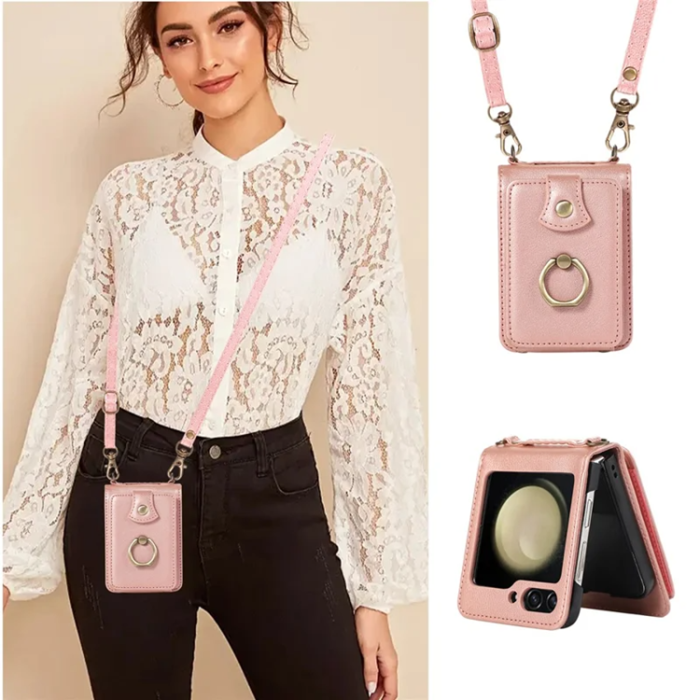 A-One Brand - Galaxy Z Flip7 Plånboksfodral Ring Kickstand med Lång rem - Rosa Guld