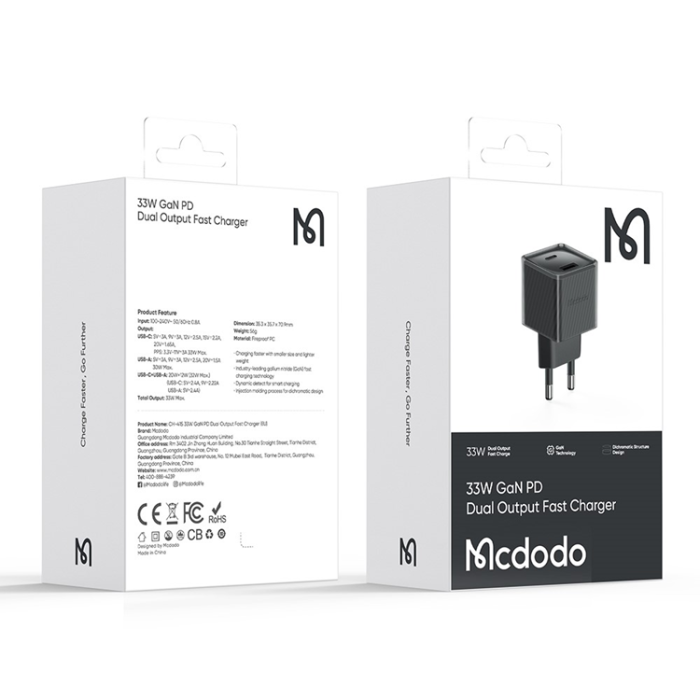 Mcdodo - MCDODO GaN Snabbladdare 33W USB-A - USB-C EU CH-415 - Svart