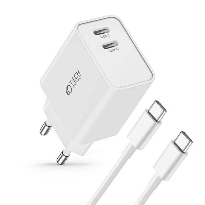 Tech-Protect - Tech-Protect 2-Port Nätverk Laddare Med USB-C Kabel - Vit