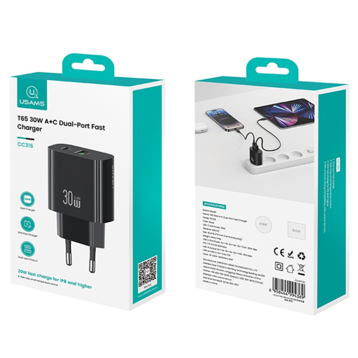 USAMS - USAMS Snabbladdare 30W USB-A - USB-C EU CC316 T65 - Vit