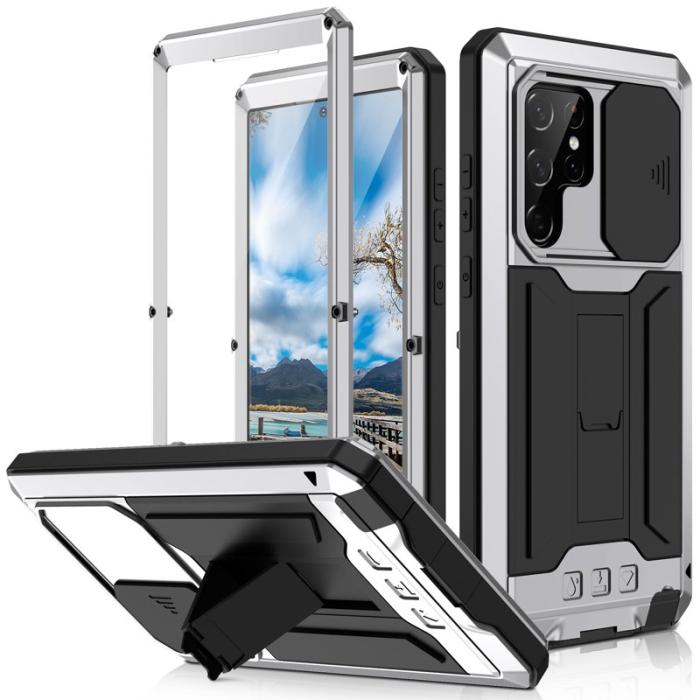 R-JUST - R-JUST Mobilskal till Galaxy S22 Ultra 5G Silver med Kickstand