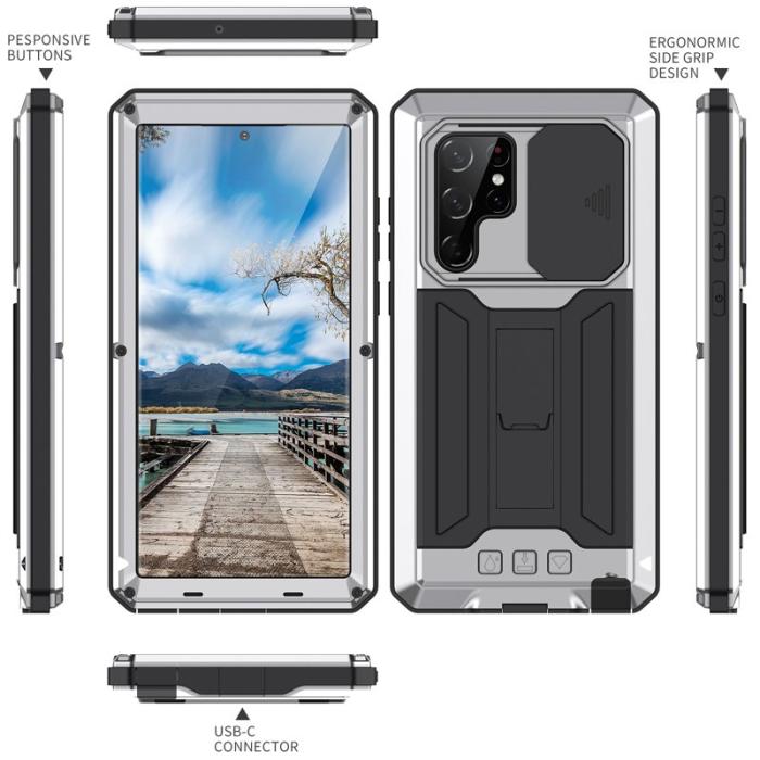 R-JUST - R-JUST Mobilskal till Galaxy S22 Ultra 5G Silver med Kickstand