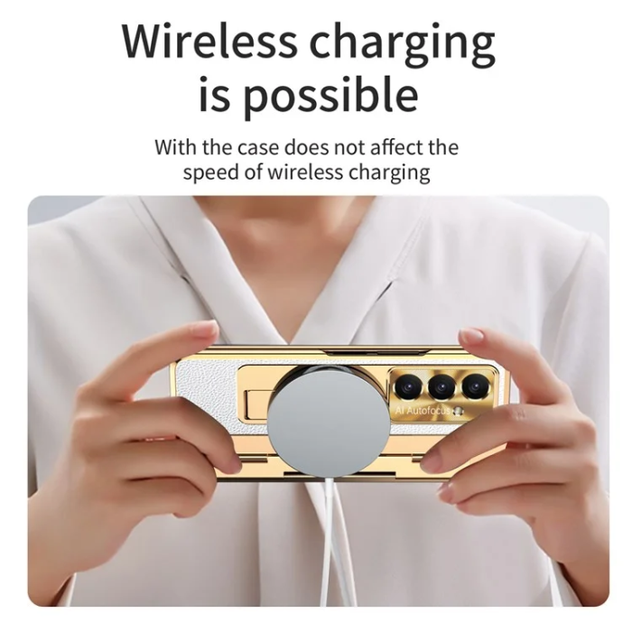 A-One Brand - Galaxy Z Fold7 5G Mobilskal läder + PC Kickstand - Guld+Vit