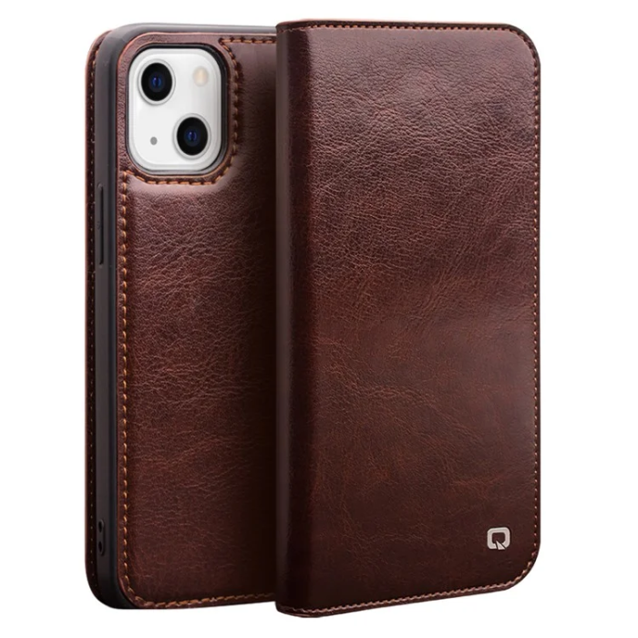 QIALINO - Qialino iPhone 13 Plånboksfodral Äkta Läder Cowhide - Brun