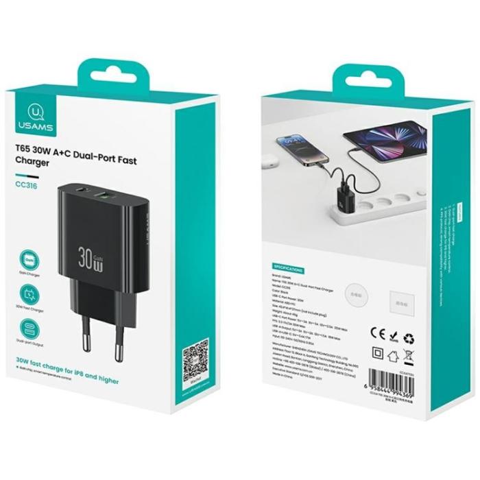 USAMS - USAMS Snabbladdare 30W 1xUSB-C 1xUSB-A CC316 - Svart