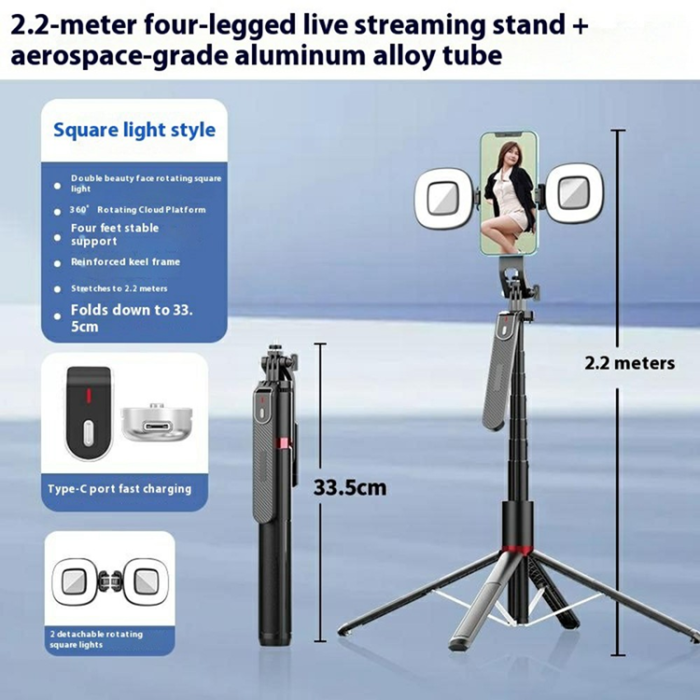 OEM - Selfiestick Bluetooth med 2 Fyrkantig Fyllnadslampa P185MAX