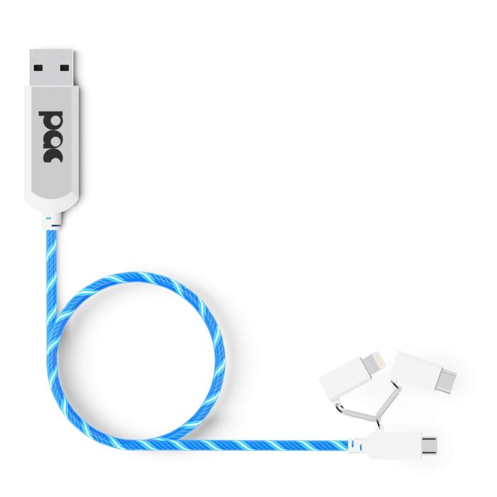 UTGATT4 - PAC Laddkabel 3in1 Lightning USB-C Micro-USB 1m Blå LED Belyst Kabel