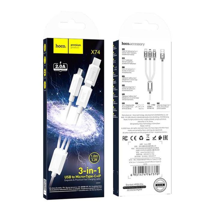 Hoco - Hoco 3in1 USB-A/MicroUSB/Lightning/Typ-C Kabel 1m 2A X74 - Vit